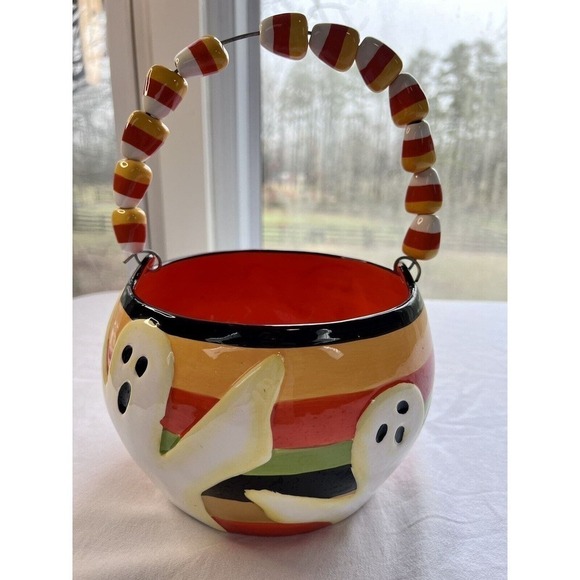 Vintage Halloween Candy Corn 10 X7 Ceramic Treat Bucket Pail Ghost Home Decor - Picture 2 of 7